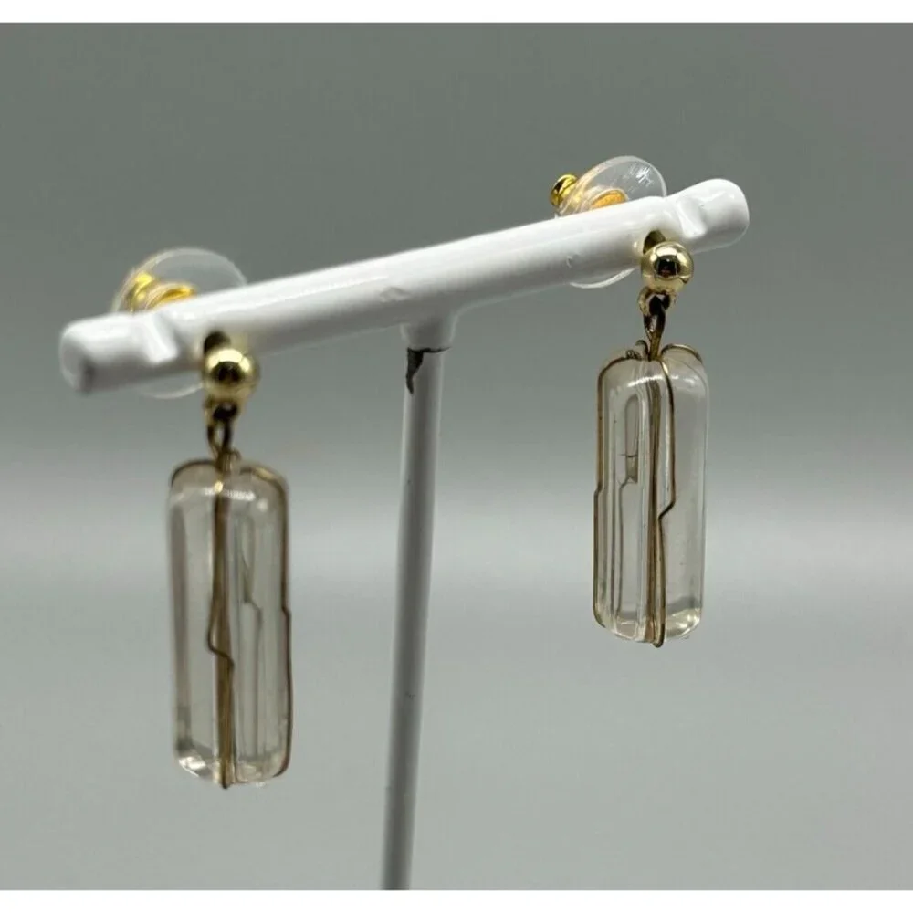 3/$30 Vintage Clear Earrings Gold Tone Acrylic Pillar Dangle Mod Retro 1.25
